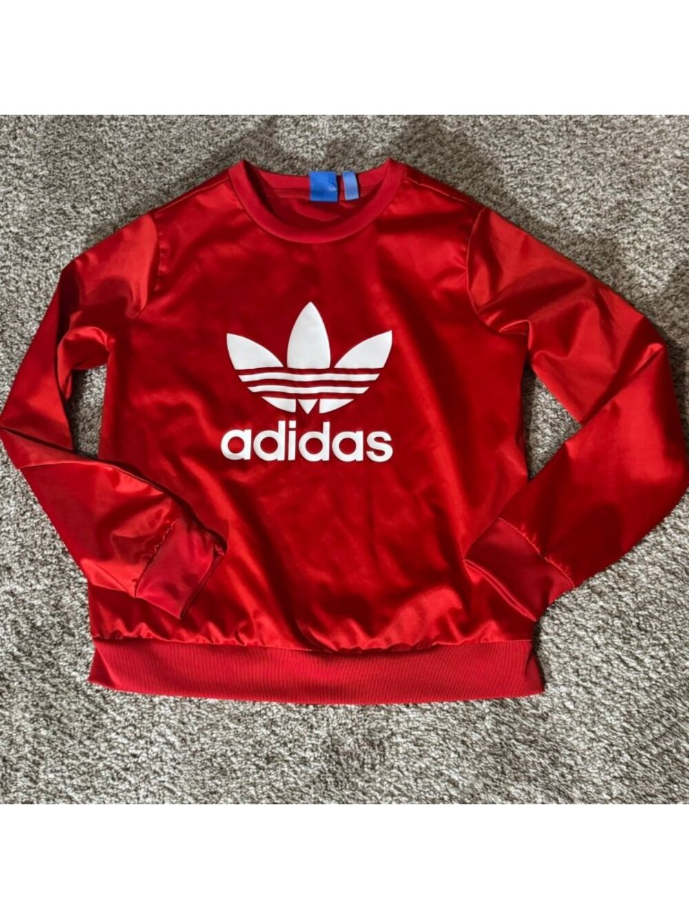 Adidas Sweatshirt Pullover Top Women's Size S Red Trefoil Logo Crewneck Shiny